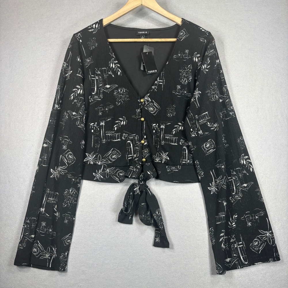 Torrid Tie Front Blouse Womens 1 Black White Sketch Print Bell Sleeve